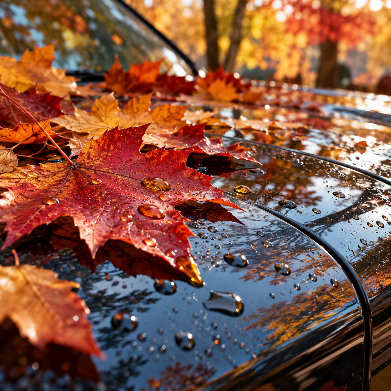 Red and orange fall leaves covered in water droplets rest on wet car paint, highlighting how autumn debris can affect a vehicle's finish.